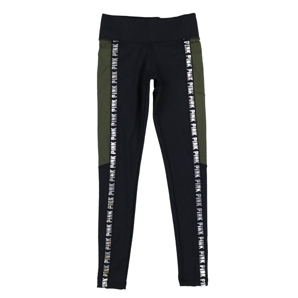 Victoria's Secret PINK Cozy Fleece Lined Black & Green w/ Silver Logo Leggings S